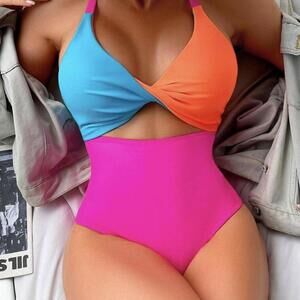 Multicolor Neon Colorblock Bathing Suit. Pink, Orange, and Turquoise Blue.